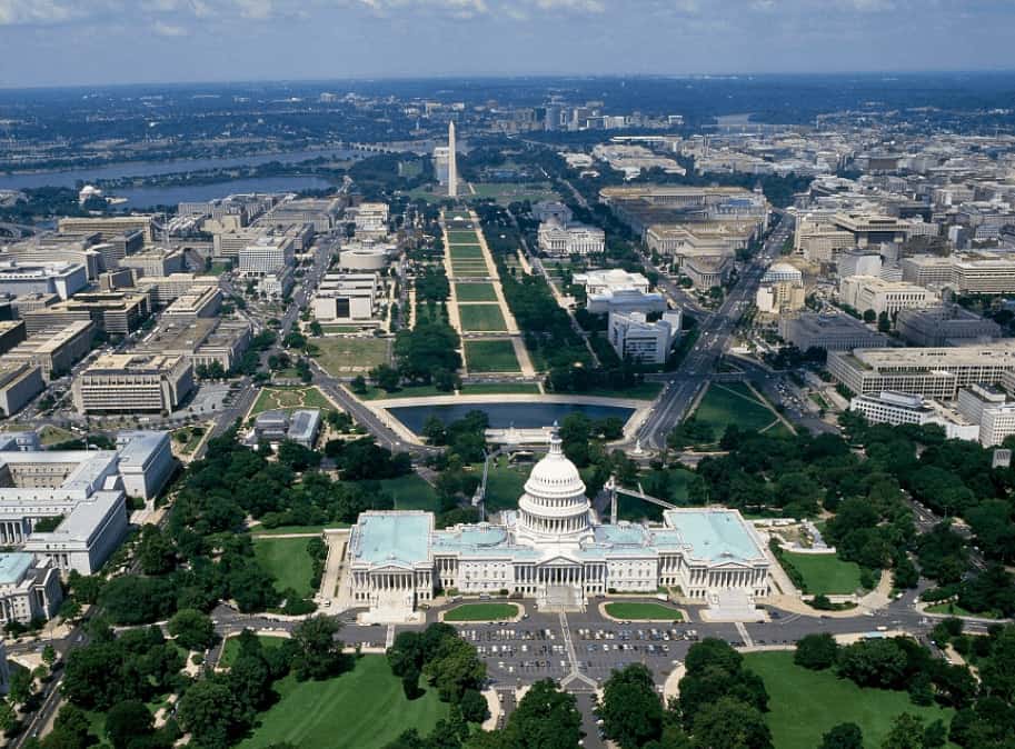 Best things to do in Washington DC Aerial view of the National Mall area.